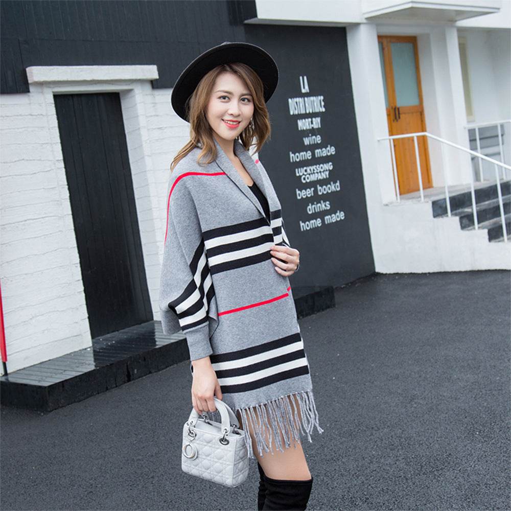 Striped fringe shawl - Mubimart