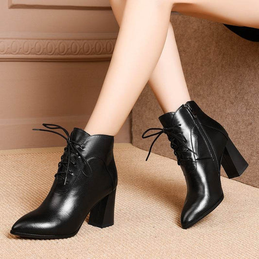 All-match thick heel leather boots high heel boots women - Mubimart