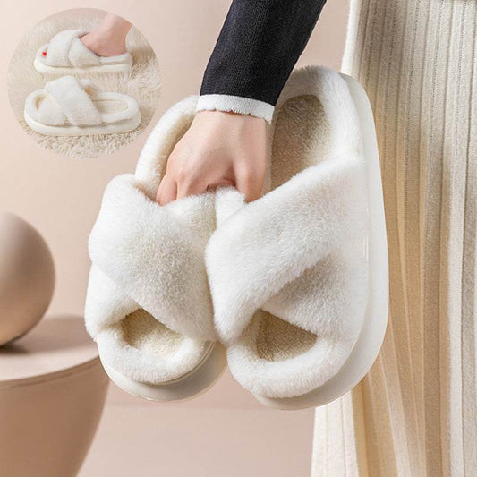 Women's Platform Fuzzy Home Slippers Winter Open Toe Criss-cross Solid Color Casual Floor Slides Indoor Flat Comfy House Shoes - Mubimart