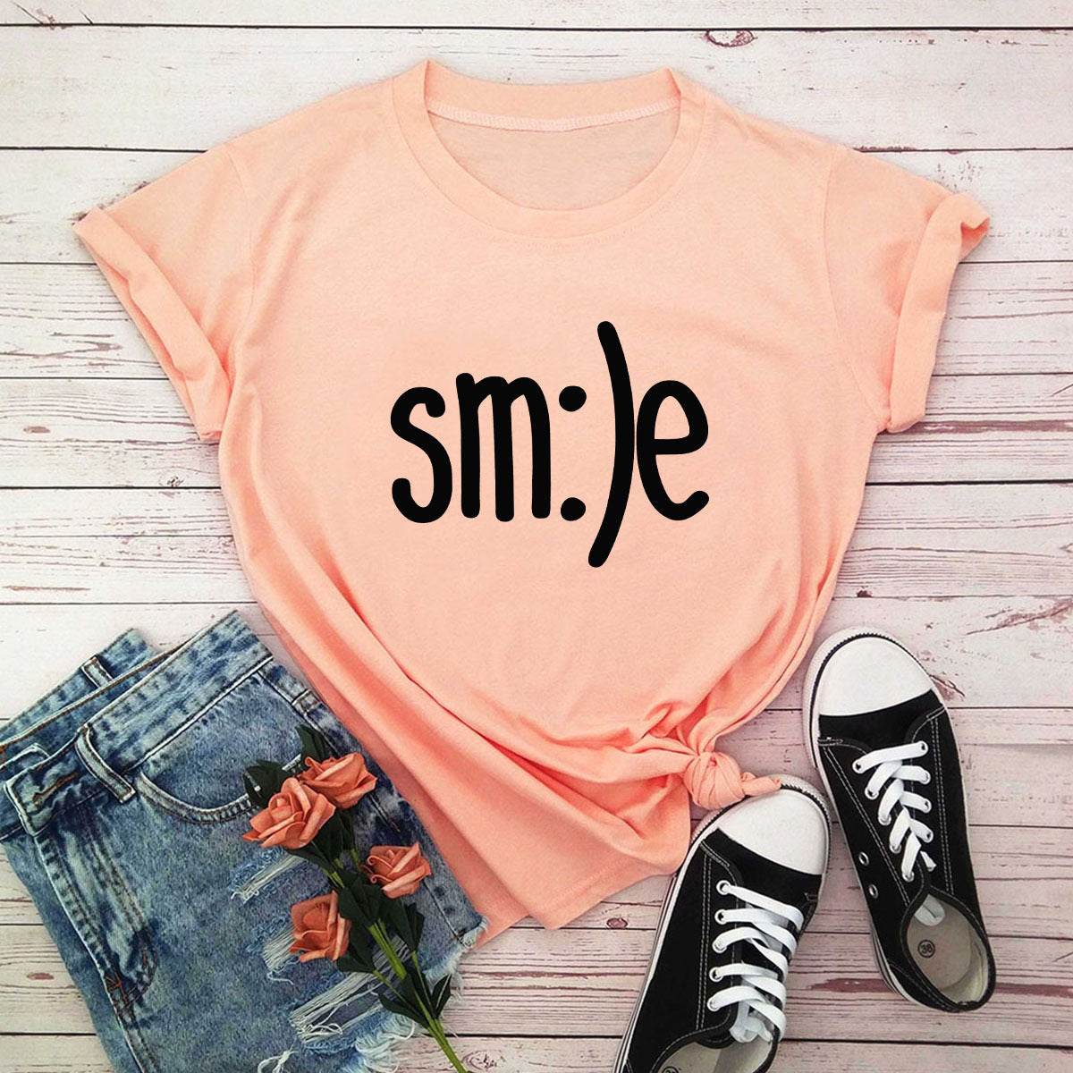 S-5XL Plus Size TShirt Women New Smile Letter Printed Shirt O Neck Short Sleeve Tees Summer Top 100%cotton Women's T-shirts - Mubimart