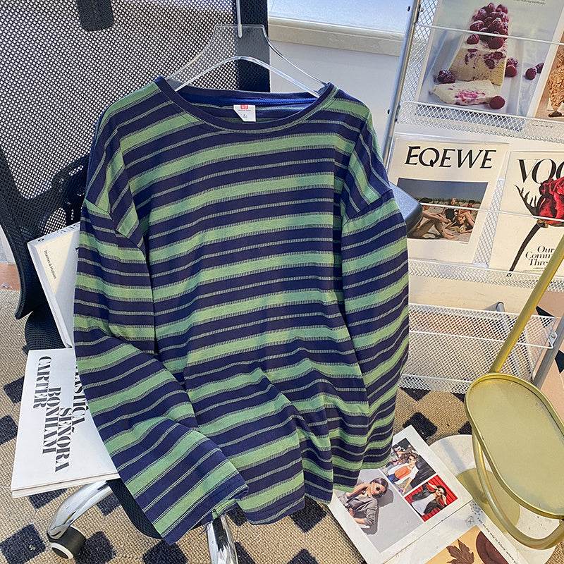 Plus Size Women's Striped Long-sleeved T-shirt Bottoming Shirt - Mubimart