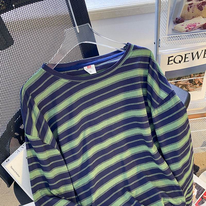 Plus Size Women's Striped Long-sleeved T-shirt Bottoming Shirt - Mubimart