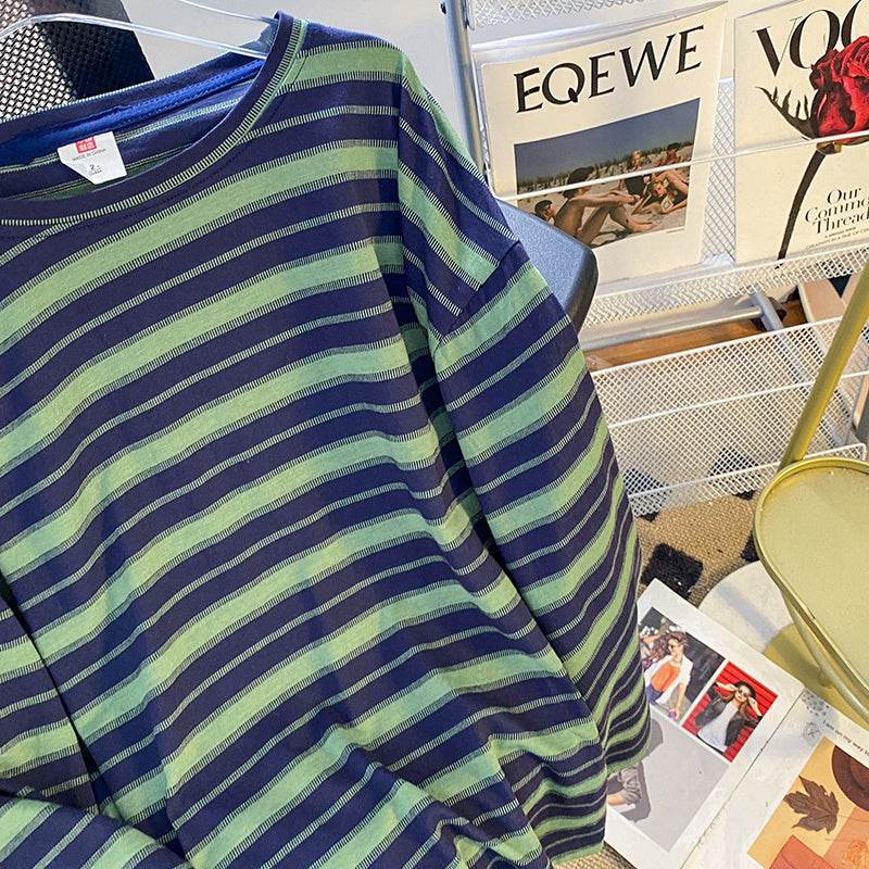 Plus Size Women's Striped Long-sleeved T-shirt Bottoming Shirt - Mubimart