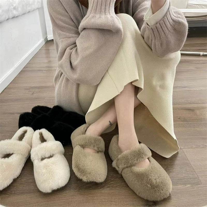 Mary Jane Fluffy Shoes Women's Winter Outerwear Flats - Mubimart