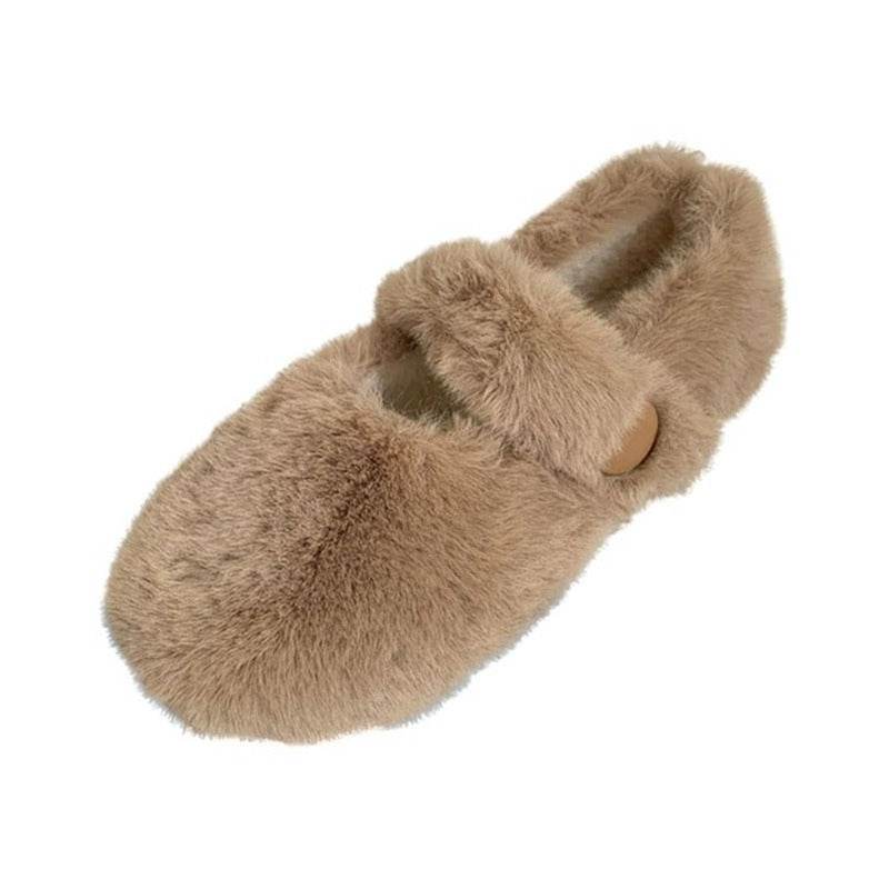 Mary Jane Fluffy Shoes Women's Winter Outerwear Flats - Mubimart