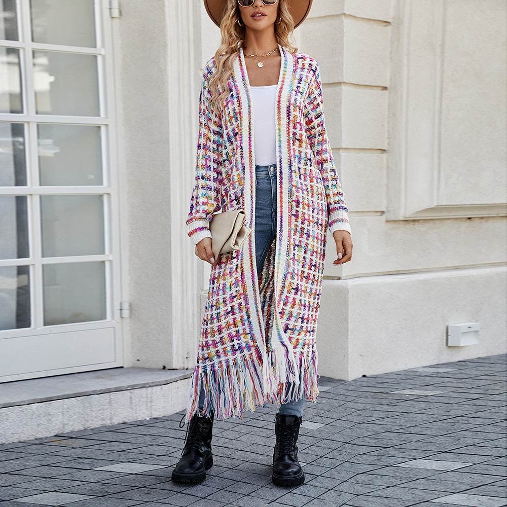 Women's Plus Size Tassel Long Cardigan Jacket Sweater - Mubimart