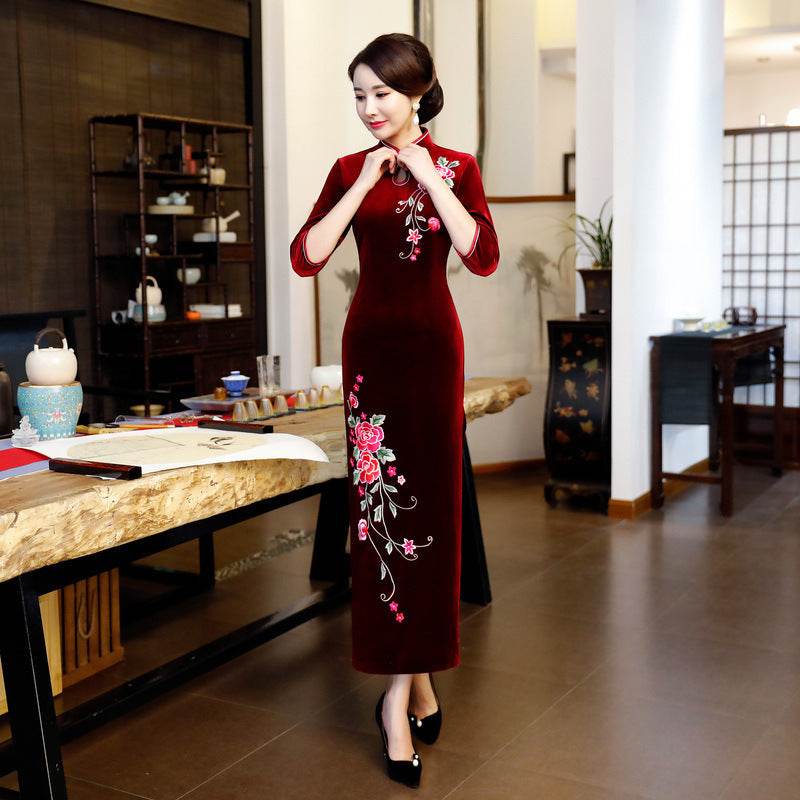 Long Authentic Pleuche Cheongsam Young Plus Size - Mubimart