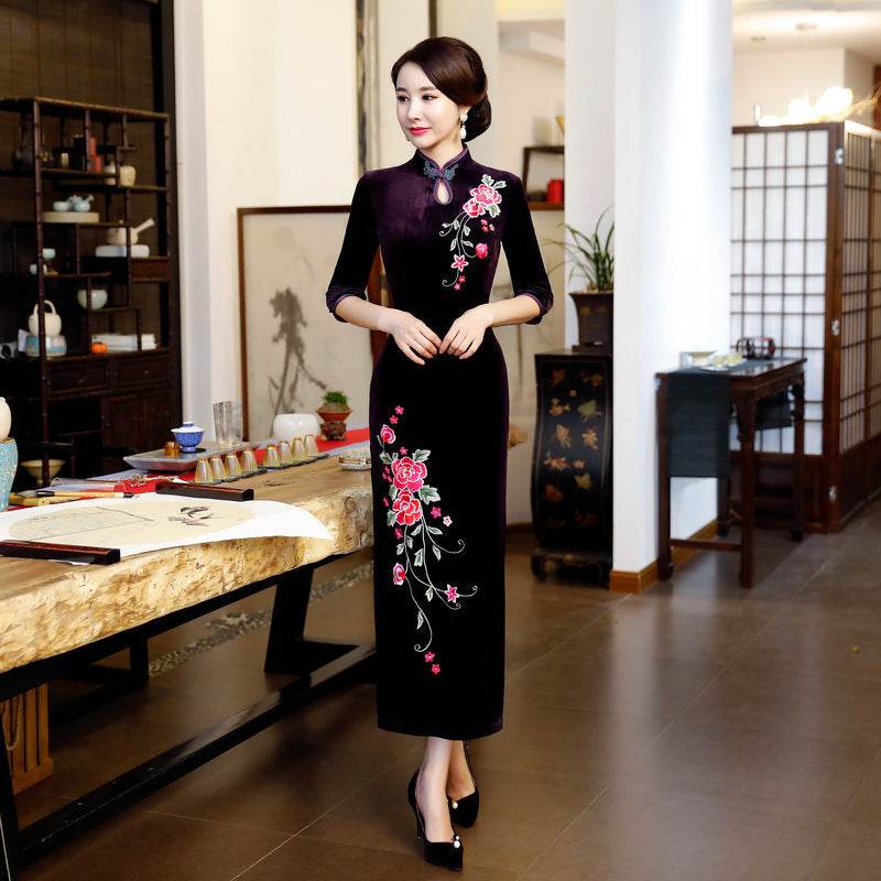 Long Authentic Pleuche Cheongsam Young Plus Size - Mubimart