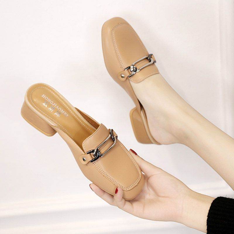 Square Toe Chunky Heel Mules Shoes Comfortable Women's Slippers - Mubimart