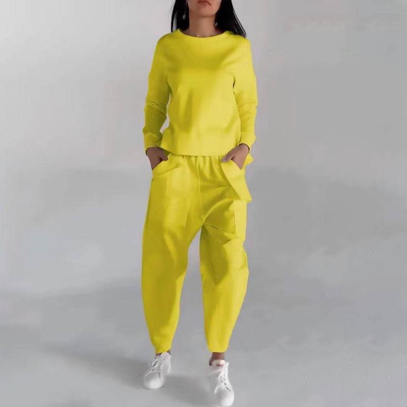 Solid Color Fashion Sweatshirt Long Sleeve Back Slit Top With Pockets Loose Trousers Women's Clothing - Mubimart