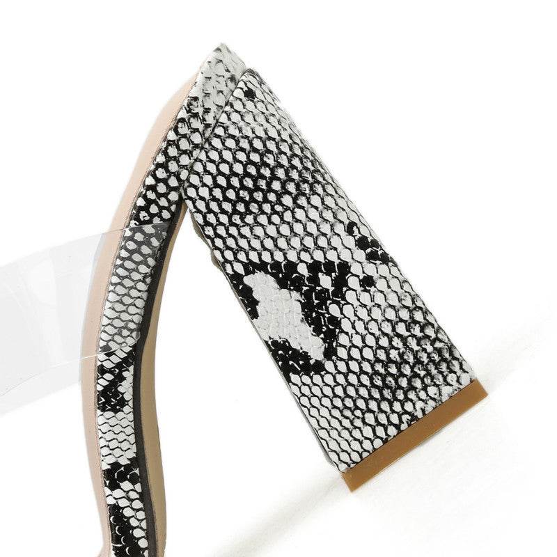 Clear Strap Snakeskin Chunky Heeled Mules - Mubimart