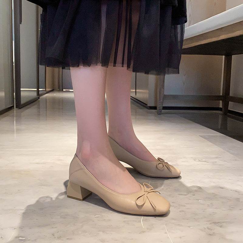 Women's Thick Heel Pumps Soft Leather Shoes - Mubimart
