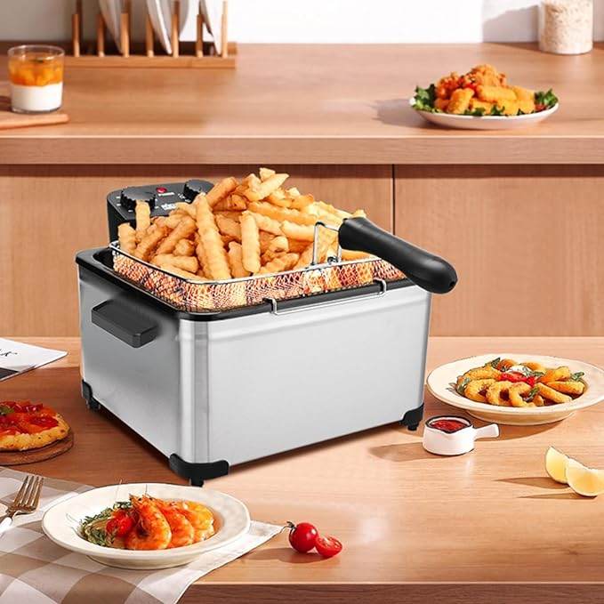 1800W 5 Liters 21 Cups Large Electric Deep Fryer With 3 Frying Baskets For Home Use, Adjustable Temperature,View Window Lid,Countertop Stainless Steel Body Deep Fryer Pot,Perfect For Kitchen, Fry Fish - Mubimart