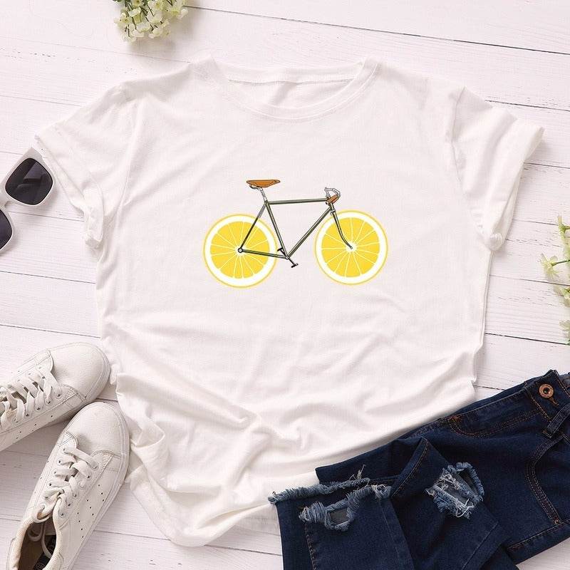 Cute bike print plus size t shirt - Mubimart