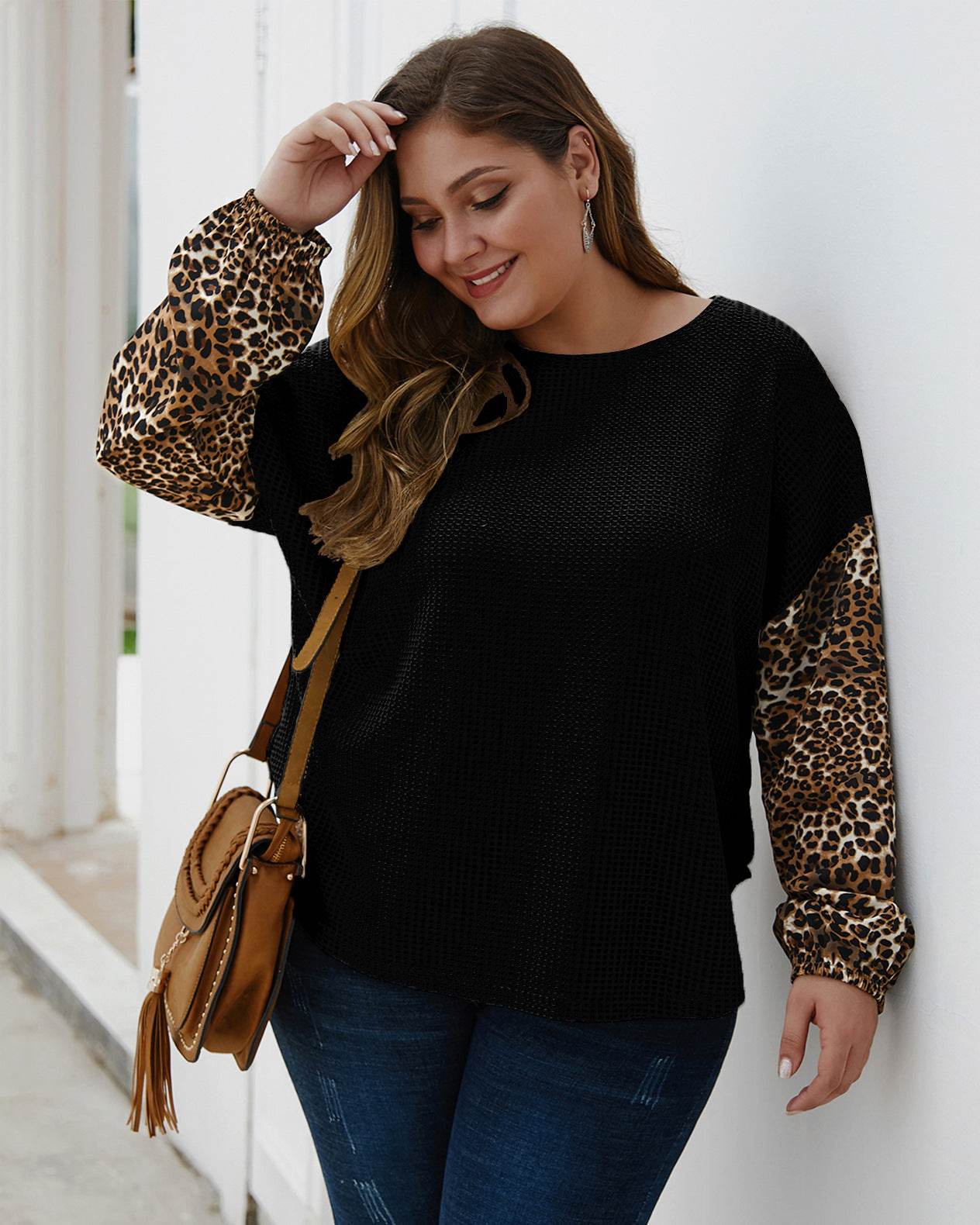Plus size women's leopard stitch sweater - Mubimart