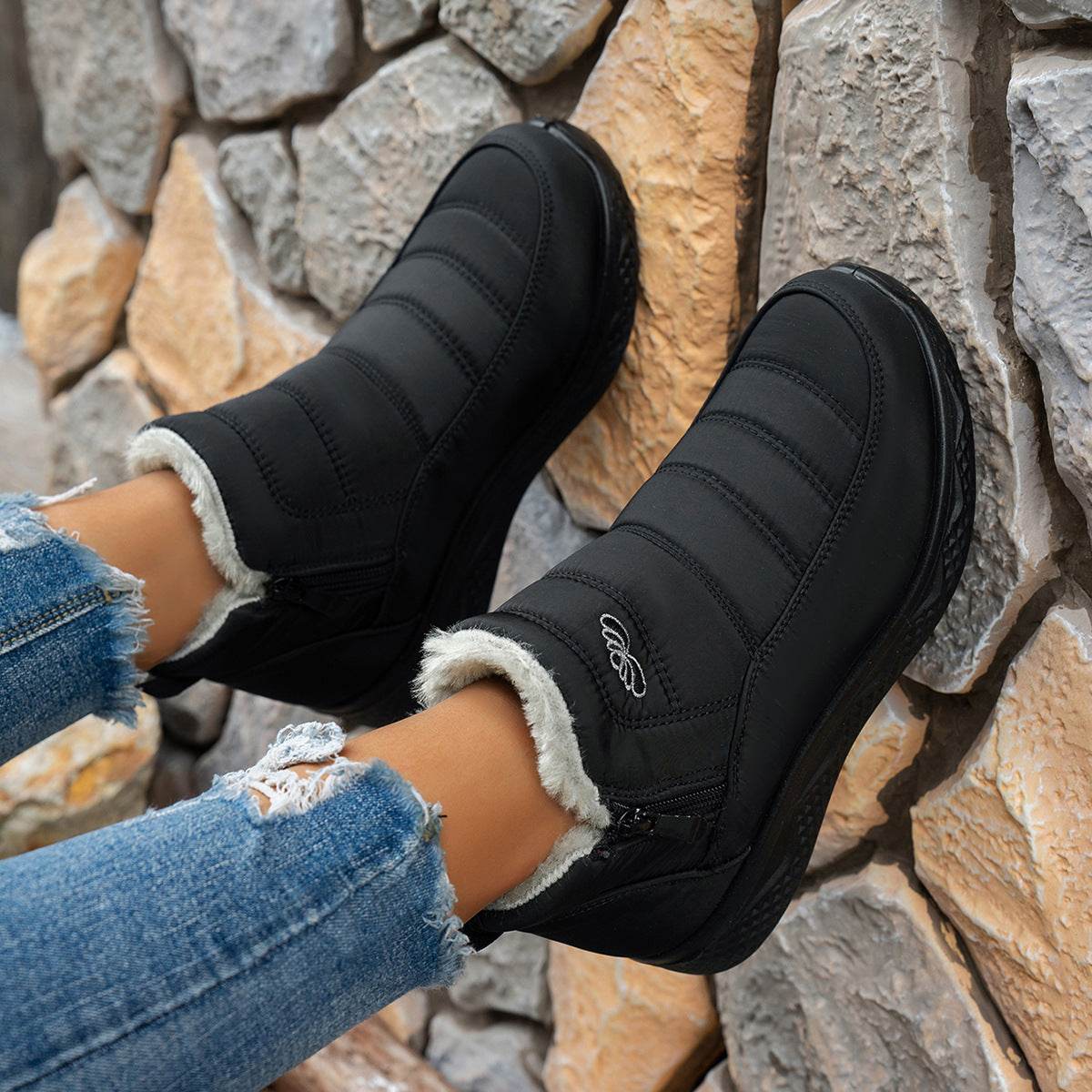 Winter Snow Boots WIth Side Zipper Casual Warm Plush Flat Shoes Women's Fleece Ankle Boot - Mubimart