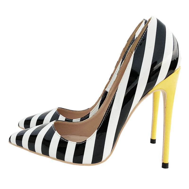 Striped patent leather point-toe pumps - Mubimart
