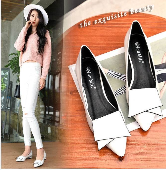 Pointed Single Shoes Female Low Heel Flat Bottom With Shallow Mouth Thick With Boat Shoes Scoop Shoes - Mubimart