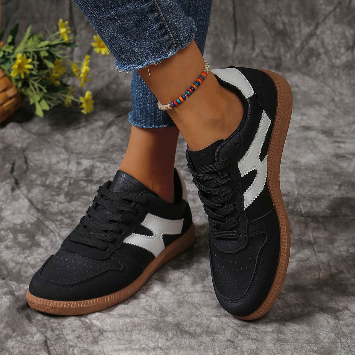 New Colorblock Lace-up Flats Shoes Fashion Round Toe Slip On Casual Shoes For Women - Mubimart