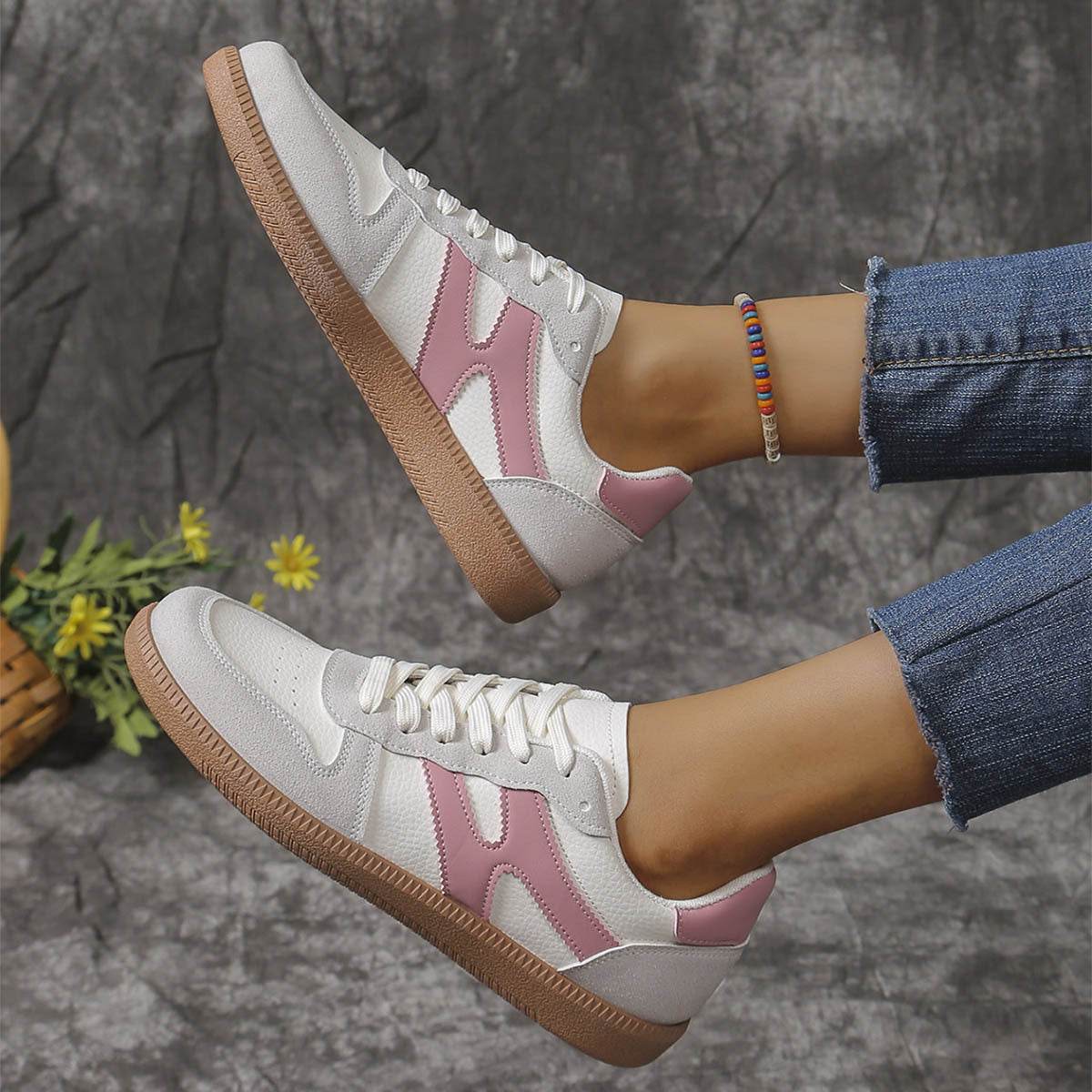 New Colorblock Lace-up Flats Shoes Fashion Round Toe Slip On Casual Shoes For Women - Mubimart