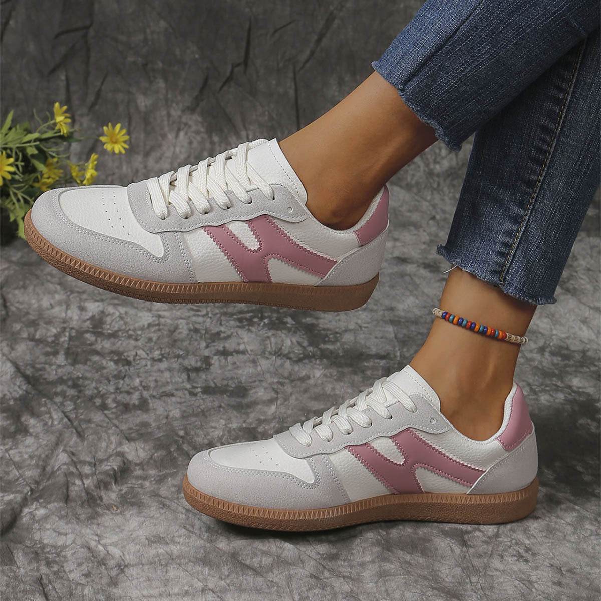 New Colorblock Lace-up Flats Shoes Fashion Round Toe Slip On Casual Shoes For Women - Mubimart