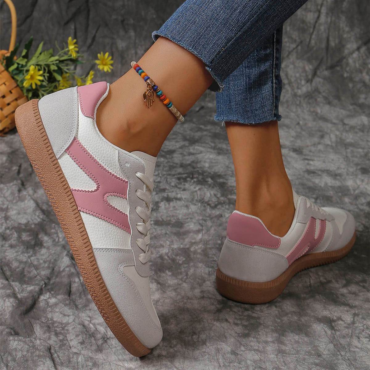 New Colorblock Lace-up Flats Shoes Fashion Round Toe Slip On Casual Shoes For Women - Mubimart