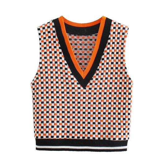 Patchwork Retro Check Vest Vest Sweater - Mubimart