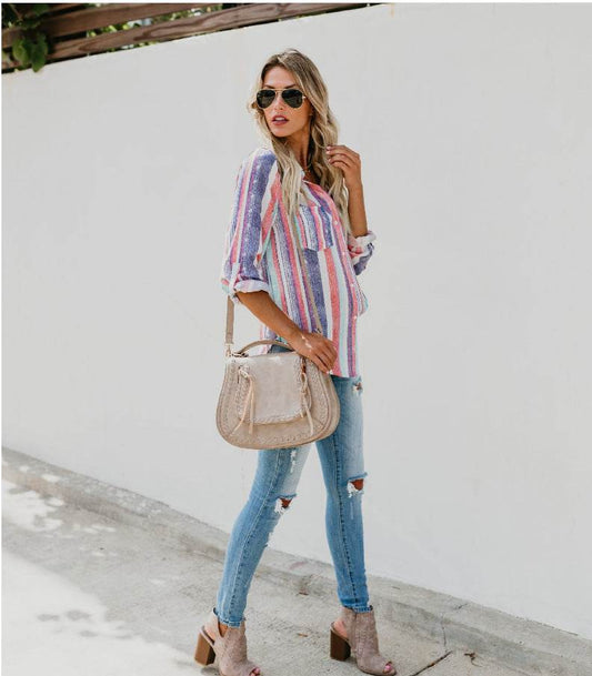 Color striped plus size shirt - Mubimart