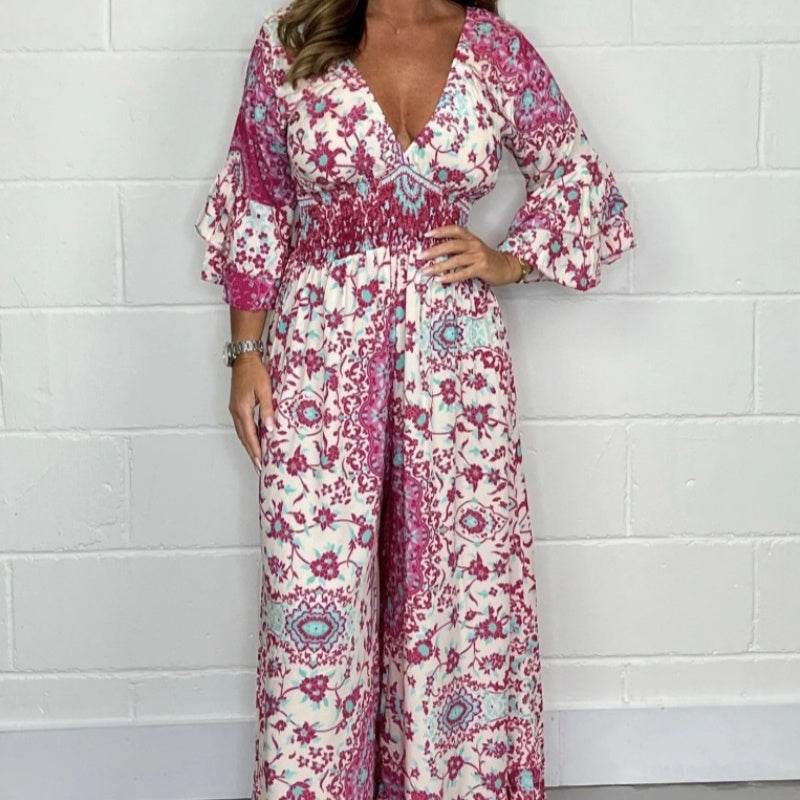 V-neck Printed Jumpsuit Plus Size Casual Jumpsuit - Mubimart