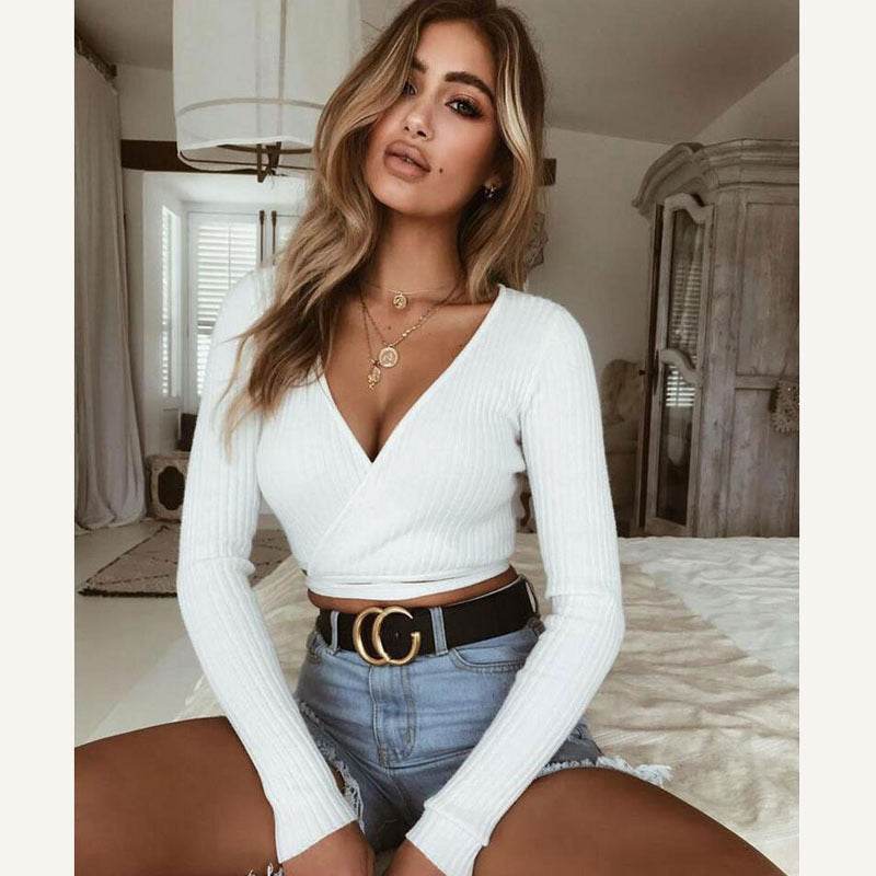 Sexy Women Ladies Summer Slim Crop Tops Long Sleeve T Shirt Casual Solid V Neck Knitted Short Tops - Mubimart