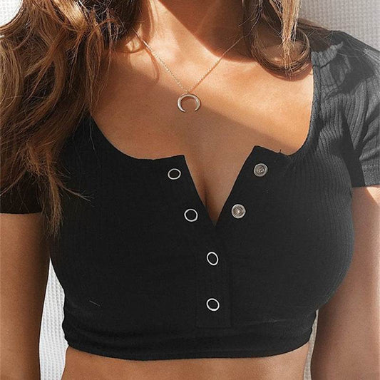 Crop Button T-shirt For Women - Mubimart