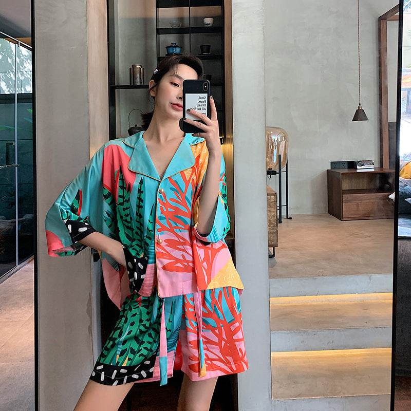 New Nightwear Women's Plant Print Pearl Button Silk Thin Style - Mubimart