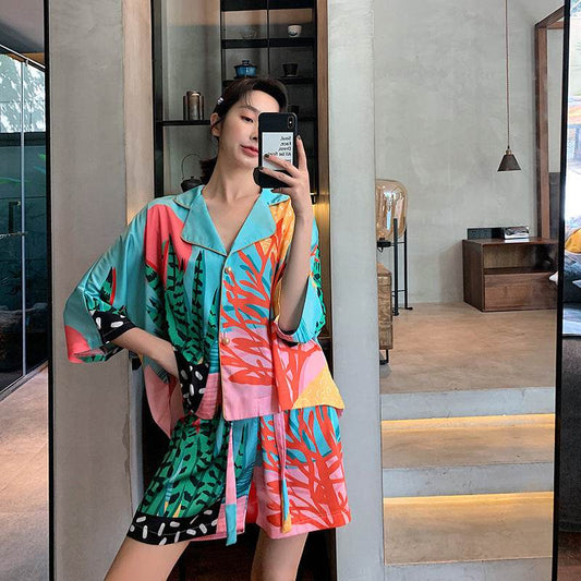 New Nightwear Women's Plant Print Pearl Button Silk Thin Style - Mubimart