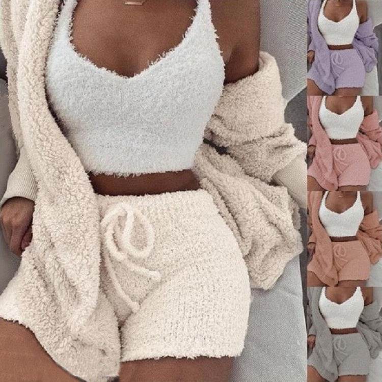 3pcs Womens Clothing Long Sleeve Crop Tank Top And Drawstring Shorts Pajama Set - Mubimart
