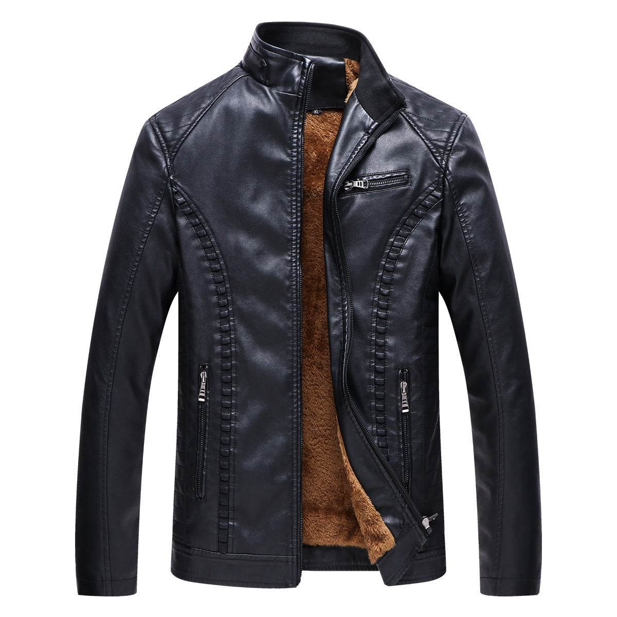 Fleece Warm Leather Jacket PU Leather Jacket - Mubimart