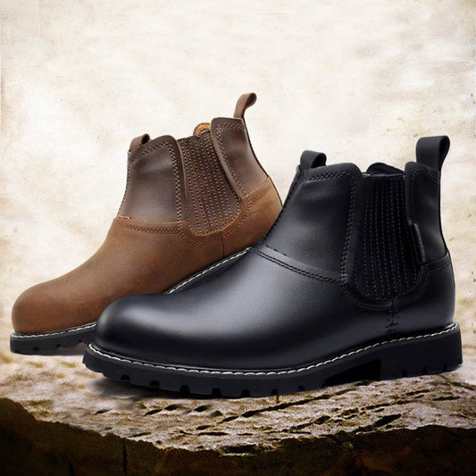 Men Leather Ankle Boots Round Toe Hiking Shoes - Mubimart