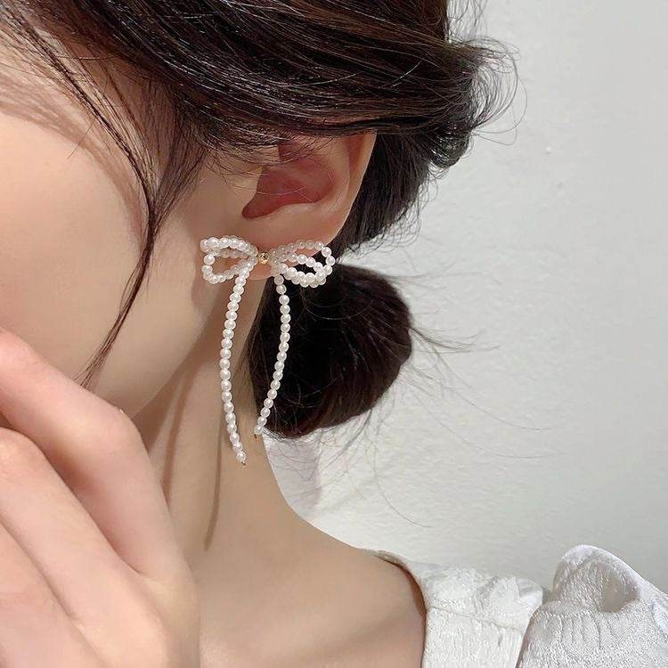 Tassel Stud Earrings Pearl Bow Earrings For Women - Mubimart