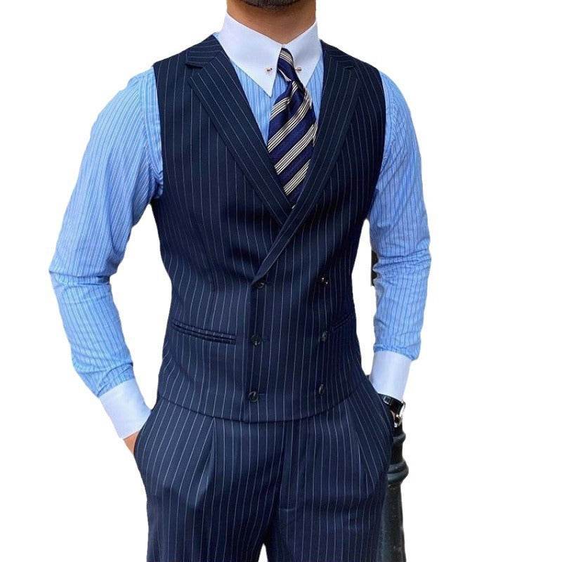 Men's Striped Suit Vest Italian Style Neapolitan Double Breasted Lapel Vest - Mubimart