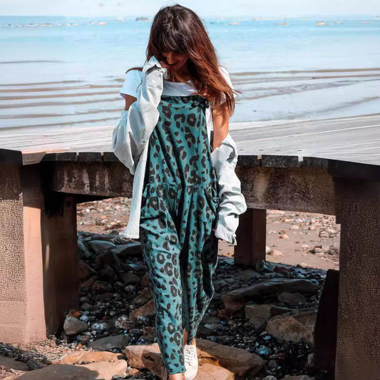 Leopard Print Loose Plus Size All-match Jumpsuit - Mubimart