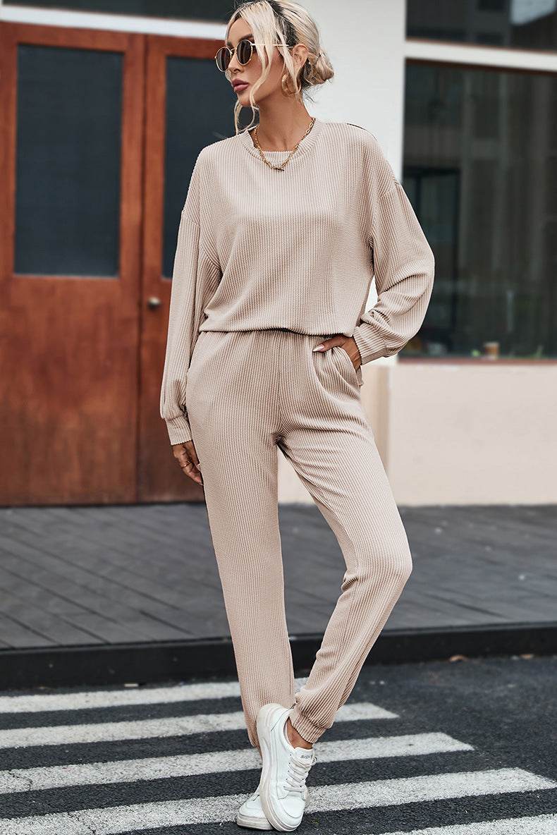 Solid Color Long-sleeved Trousers Loungewear Suit Casual Suit For Women - Mubimart