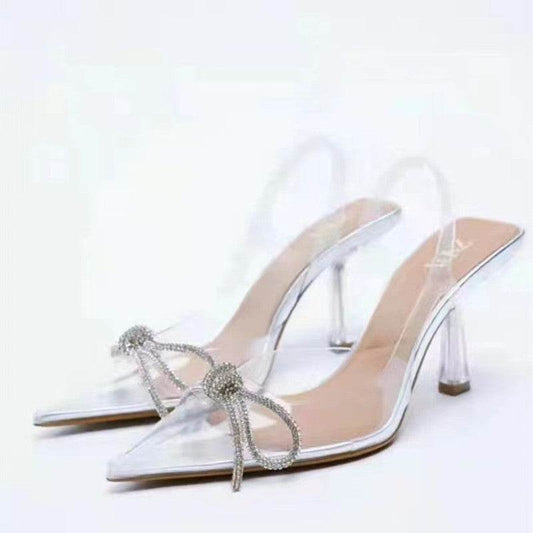 White Crystal Transparent Glitter High-heeled Mules - Mubimart