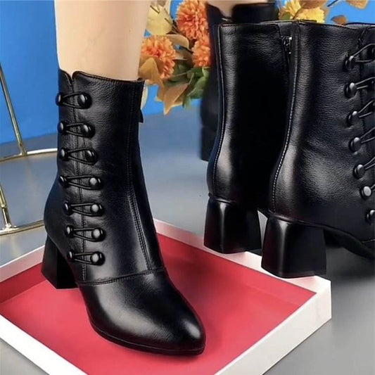 Soft Leather Ankle Boots Fashion Mid Heel Mid-calf High Heels - Mubimart