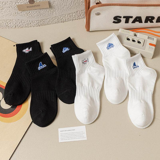 Black And White Embroidered Shark Pure Cotton Sweat Absorbing Athletic Socks - Mubimart