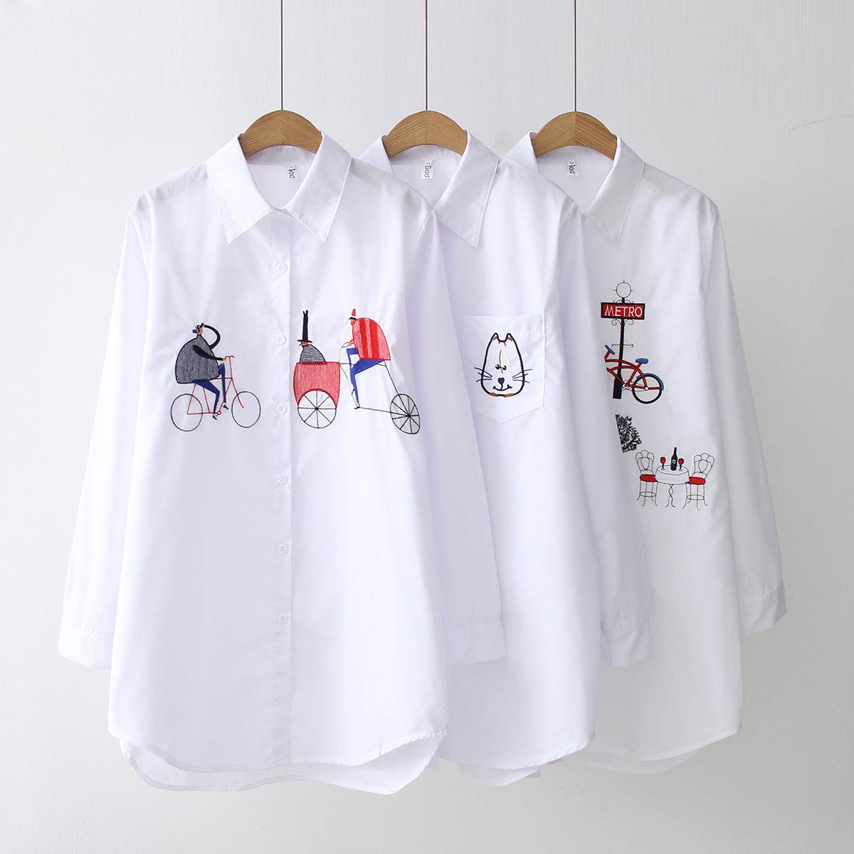 Button-down Collar Long-sleeved Cotton Shirt Embroidery - Mubimart