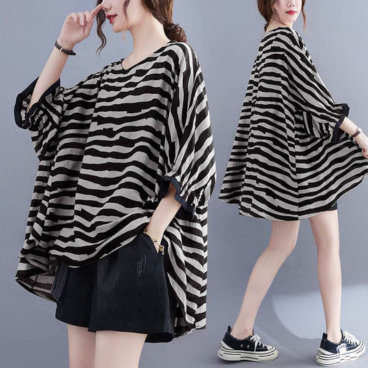 Summer Women's Loose Plus Size Striped Batwing Sleeve T-shirt - Mubimart