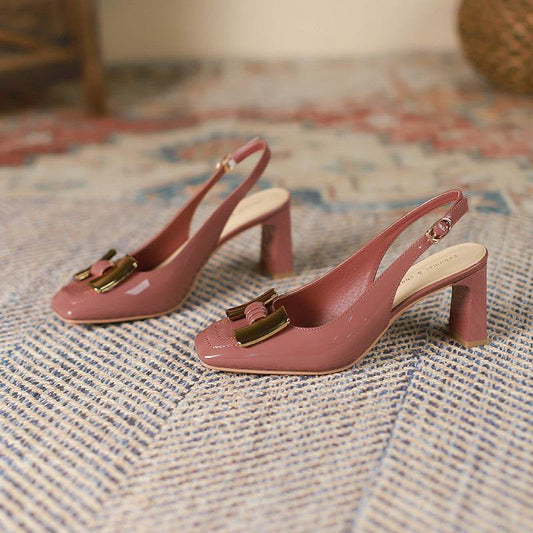 Chunky Heel Low-cut Square Toe Metal Buckle Slingback Sandals - Mubimart