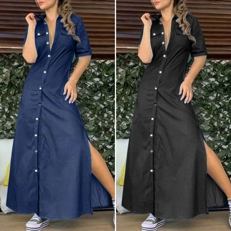 Women's Solid Color Button Denim Plus Size Long Dress - Mubimart