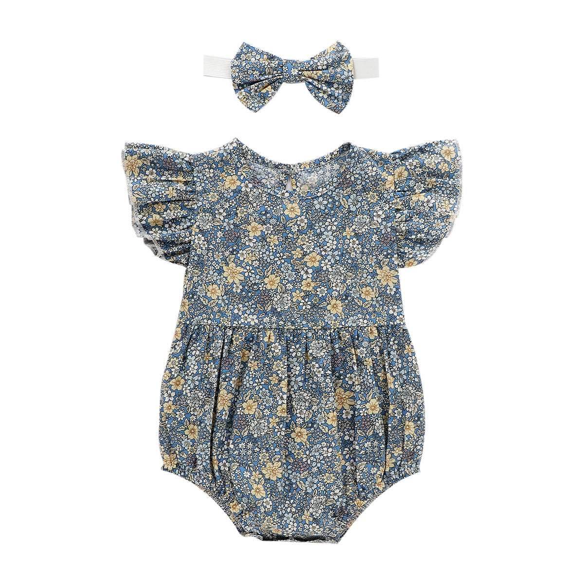 2-Piece Set Of Ruffles And Headband Jumpsuit With Ruffle Sleeves Printed Floral Baby Girl Summer Dress - Mubimart