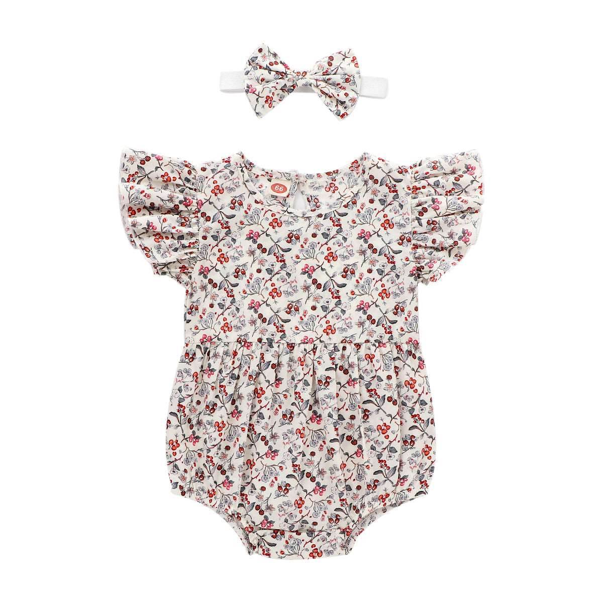 2-Piece Set Of Ruffles And Headband Jumpsuit With Ruffle Sleeves Printed Floral Baby Girl Summer Dress - Mubimart