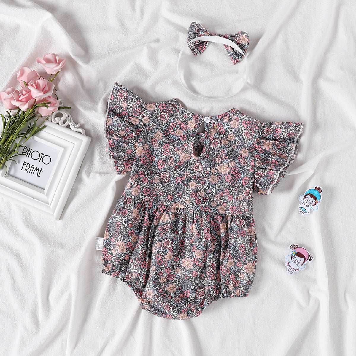 2-Piece Set Of Ruffles And Headband Jumpsuit With Ruffle Sleeves Printed Floral Baby Girl Summer Dress - Mubimart